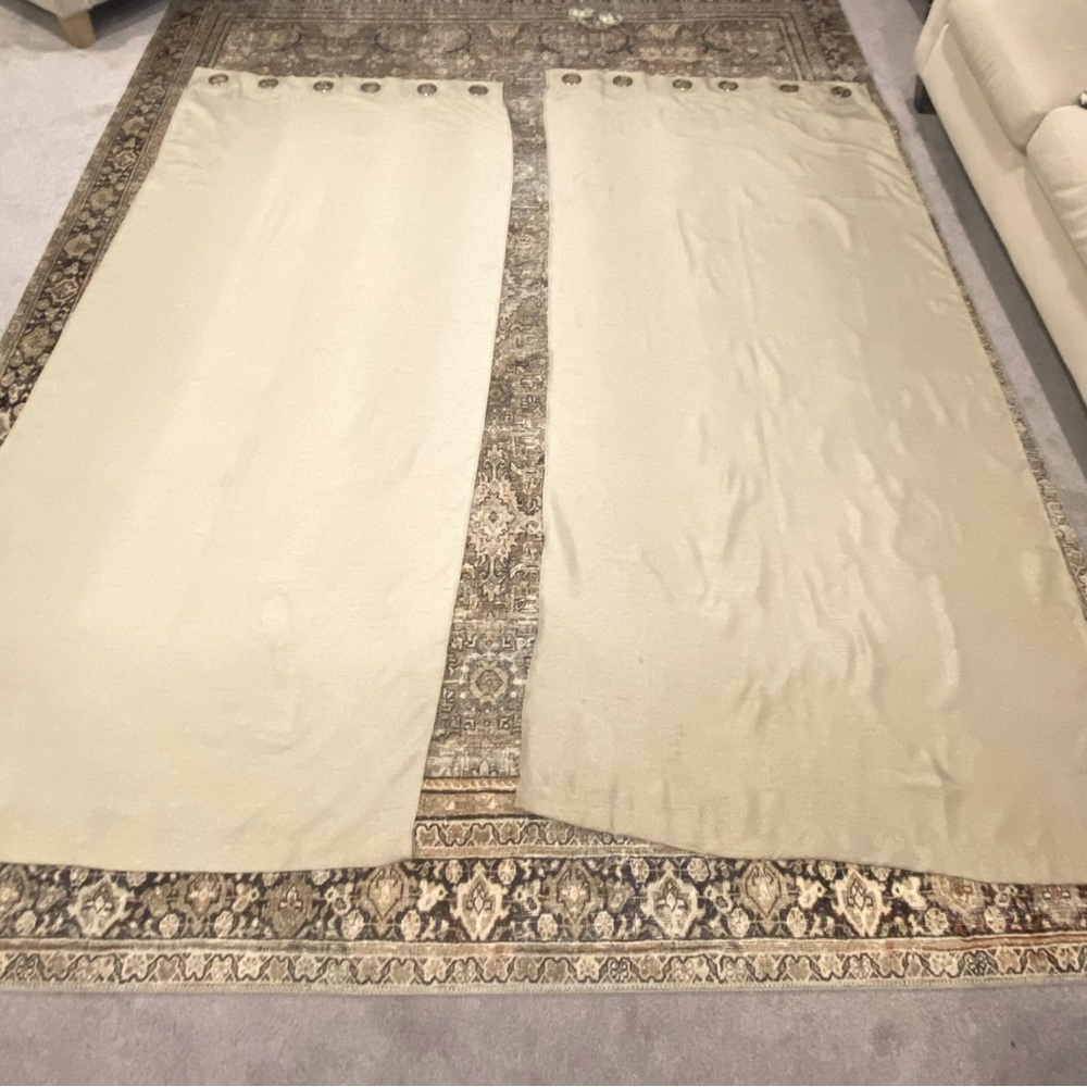 Tan Ring Top Curtains 84”L, 38”W, —One Set of Two Panels